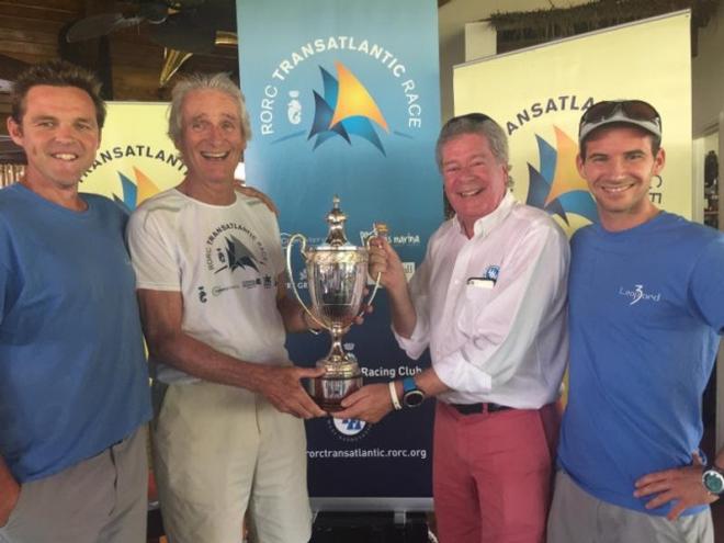 Mike Slade receives the International Maxi Association Trophy for monohull line honours from Andrew McIrvine, Secretary General of the IMA + RORC Admiral. The British Maxi was also third overall after time correction - RORC Transatlantic Race © RORC/Arthur Daniel